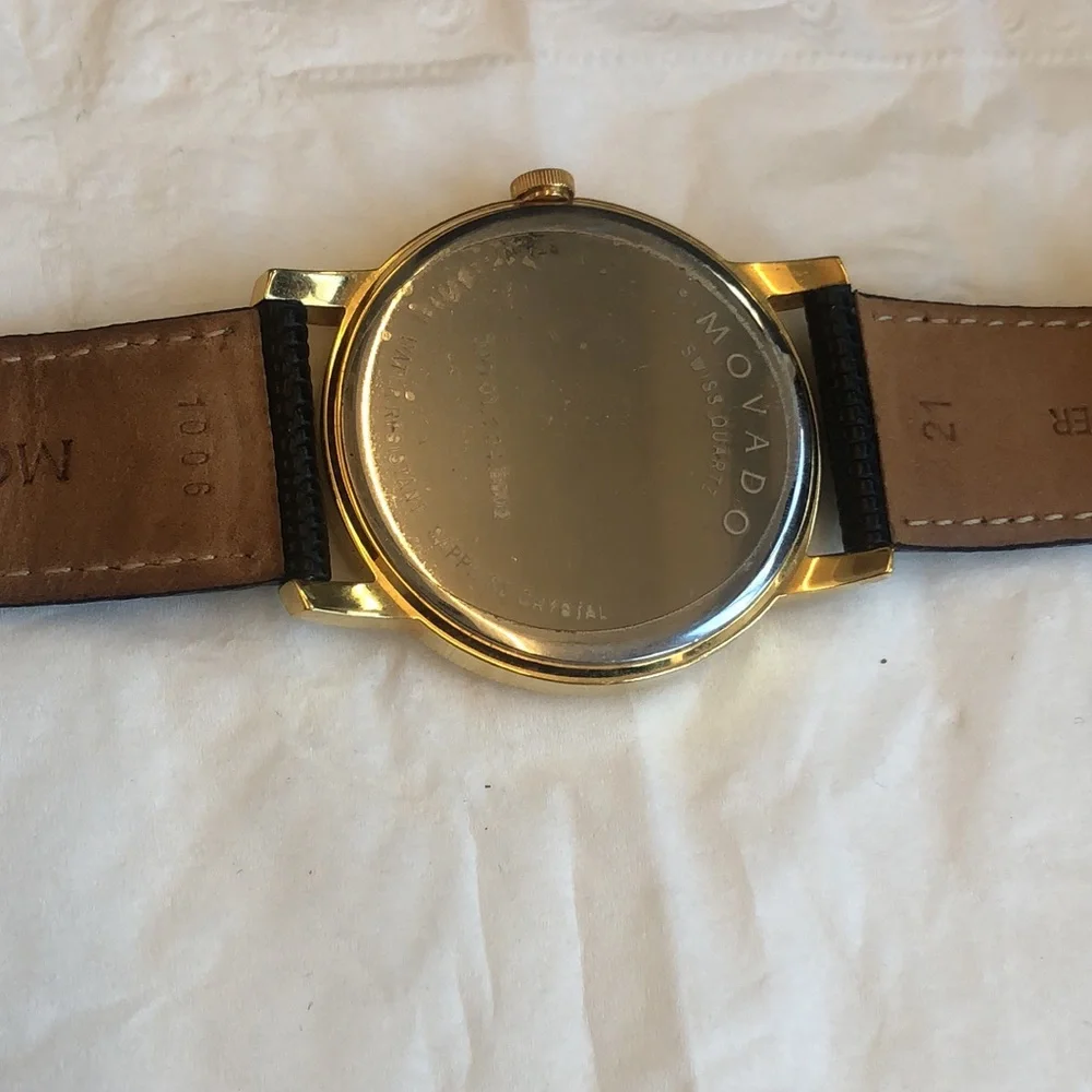 Movado Leather Watch - Grained Black Leather with Gold